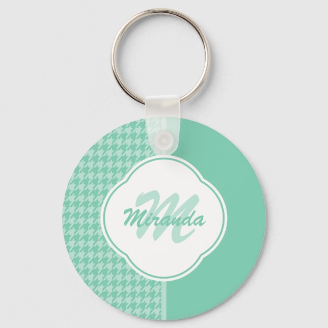 Chic Mint Green Houndstooth With Monogram and Name Key Ring (Front)