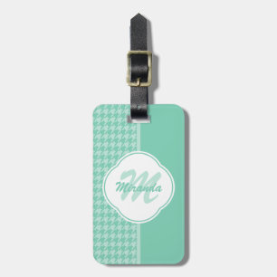 Chic Mint Green Houndstooth With Monogram and Name Luggage Tag