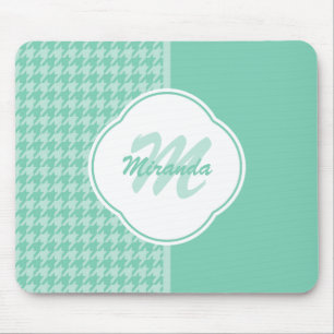 Chic Mint Green Houndstooth With Monogram and Name Mouse Pad
