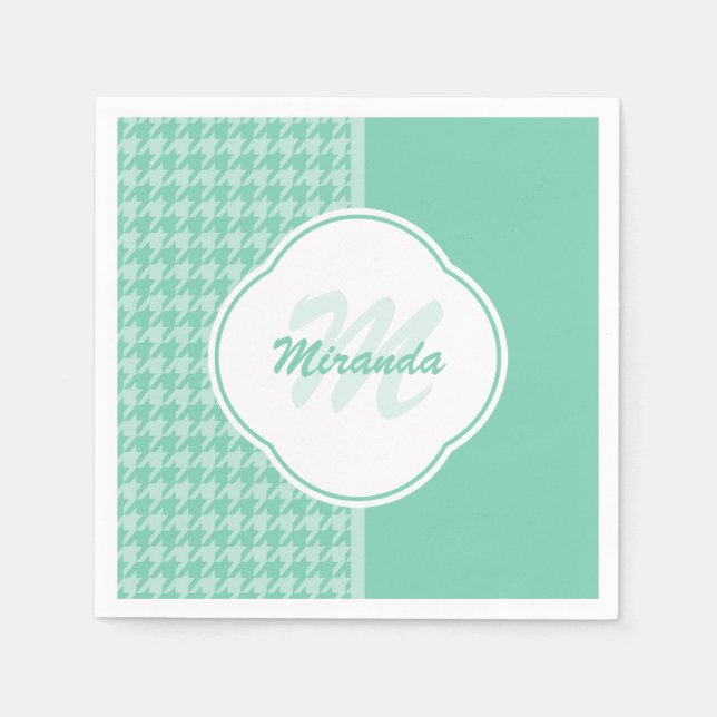 Chic Mint Green Houndstooth With Monogram and Name Napkin (Front)
