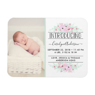 Chic Mint Green & Pink Flowers Birth Announcement Magnet