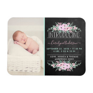 Chic Mint Green & Pink Flowers Birth Announcement Magnet