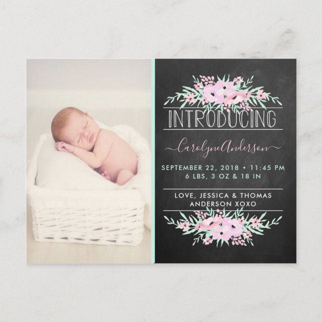 Chic Mint Green & Pink Flowers Birth Announcement Postcard (Front)