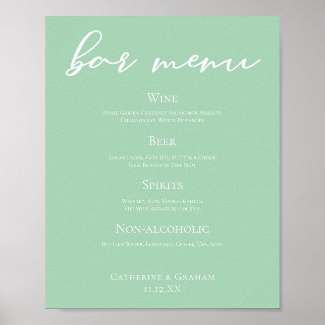 Chic Mint Green Typography Wedding Bar Menu Poster (Front)