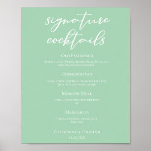 Chic Mint Green Wedding Signature Cocktails Menu Poster