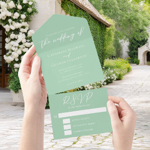 Chic Mint Green White Garden Wedding All In One Invitation