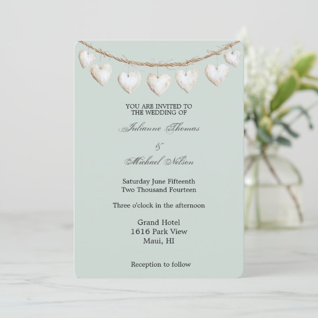Chic Mint Green White Hearts Wedding Invitation (Standing Front)