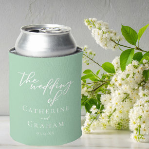 Chic Mint Green White Personalised Wedding Can Cooler