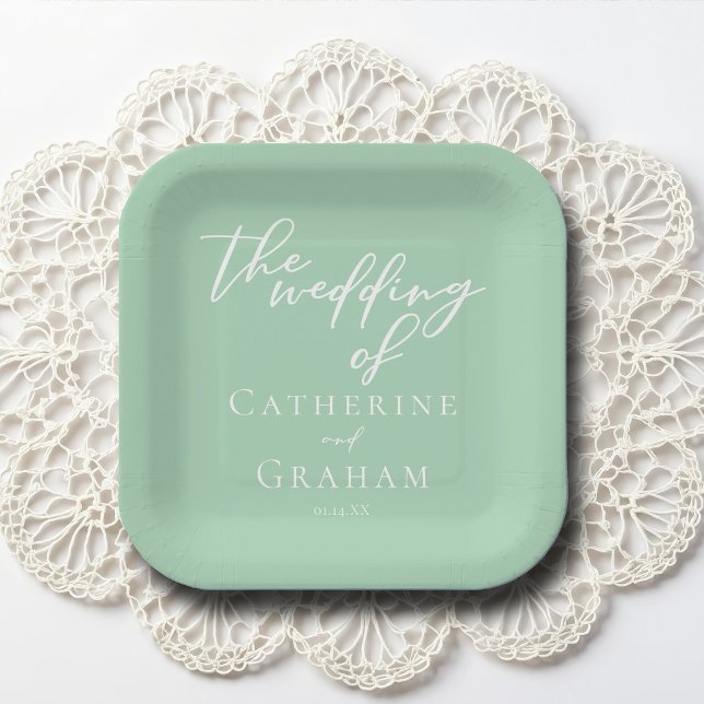 Chic Mint Green White Personalised Wedding Paper Plate (Creator Uploaded)