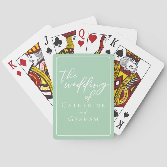 Chic Mint Green White Personalised Wedding Playing Cards (Back)