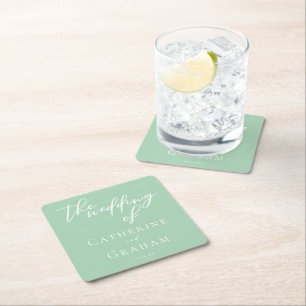 Chic Mint Green White Personalised Wedding Square Paper Coaster