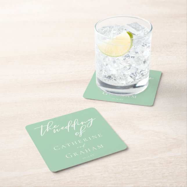 Chic Mint Green White Personalised Wedding Square Paper Coaster (Insitu)