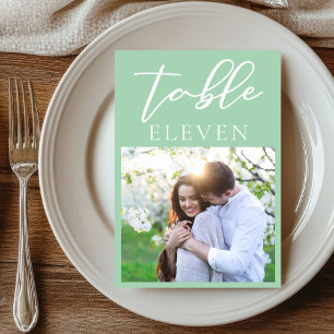 Chic Mint Green White Script Couple Photo Wedding Table Number