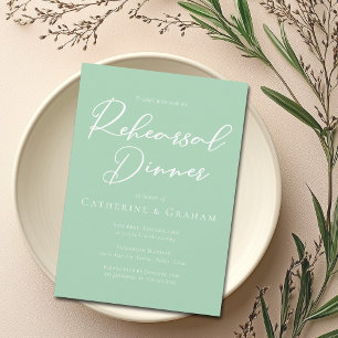 Chic Mint Green White Script Rehearsal Dinner Invitation