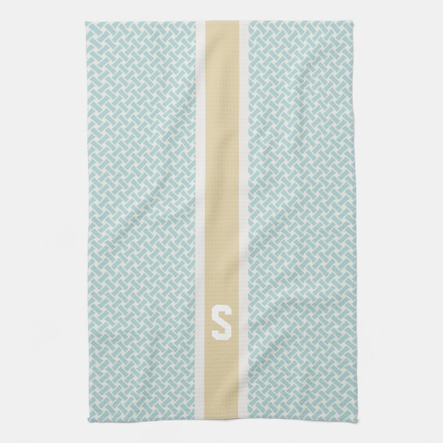Chic mint herringbone geometric patterns monogram tea towel (Vertical)