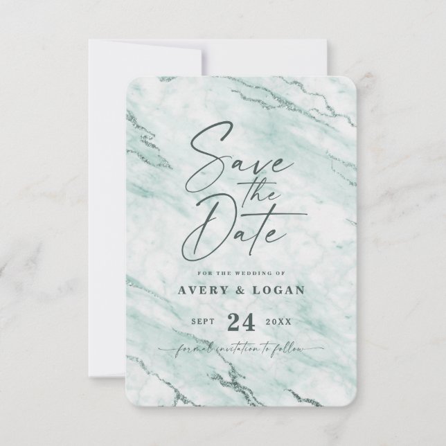 Chic Mint Marble with Dusty Green Foil Details Save The Date (Front)