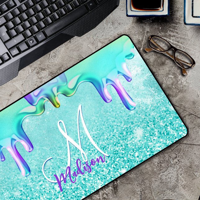 Chic mint ombre glitter unicorn drips monogram desk mat (Creator Uploaded)