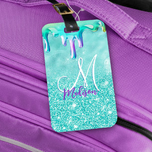 Chic mint ombre glitter unicorn drips monogram luggage tag