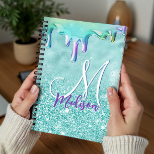 Chic mint ombre glitter unicorn drips monogram planner