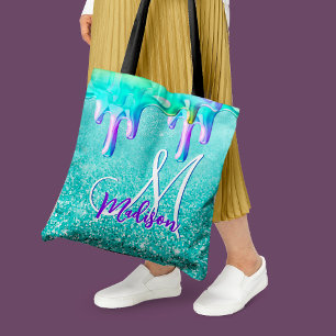 Chic mint ombre glitter unicorn drips monogram tote bag