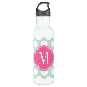 Chic Mint & Pink Big Dots Monogrammed 710 Ml Water Bottle