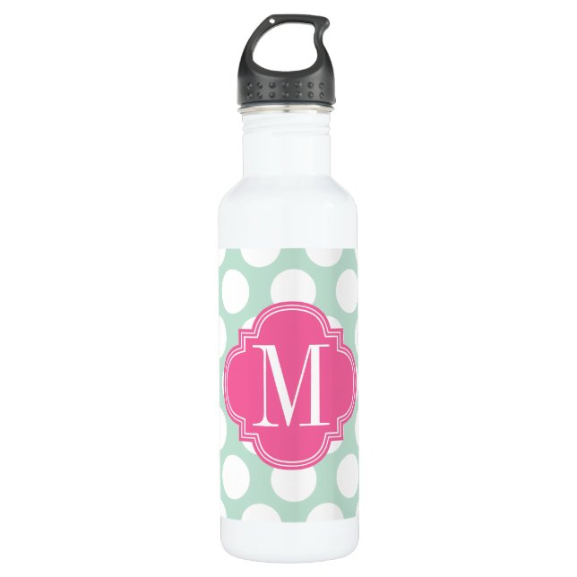 Chic Mint & Pink Big Dots Monogrammed 710 Ml Water Bottle (Front)