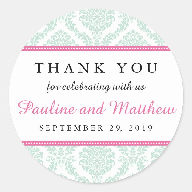 Chic Mint & Pink Damask Wedding Classic Round Sticker (Front)