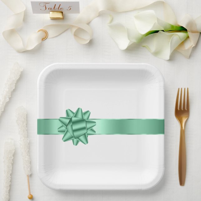 Chic Mint Ribbon Bow Birthday Paper Plate (Wedding)