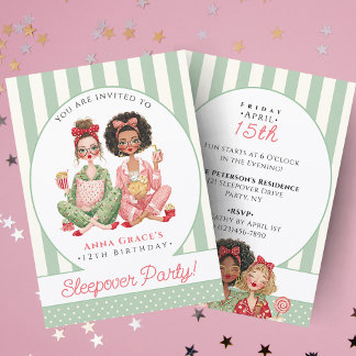Chic Mint Stripe Girls Sleepover Birthday Invitation