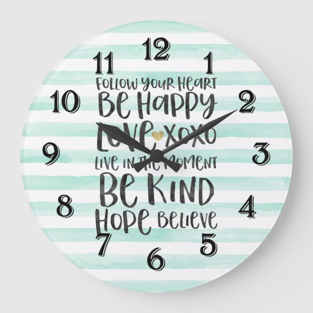 Chic Mint Stripes Inspirational Words Large Clock (Front)
