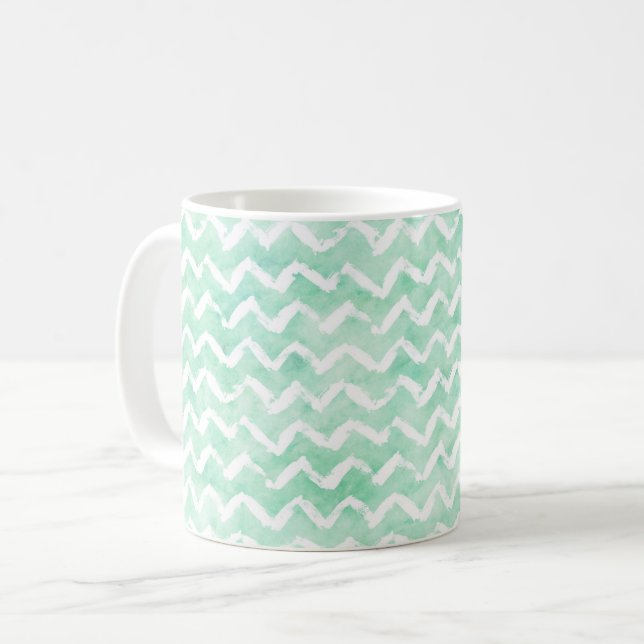 Chic Mint Watercolor Chevron Stripes Coffee Mug (Front Left)