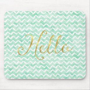 Chic Mint Watercolor Chevron Stripes Gold Hello Mouse Pad