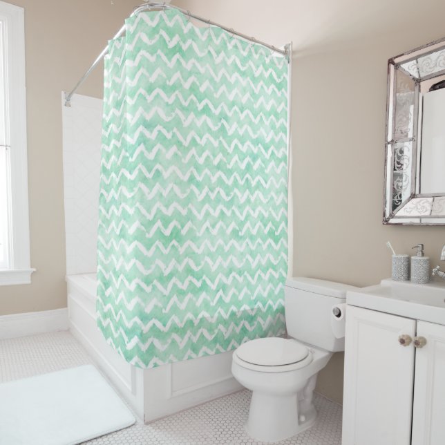 Chic Mint Watercolor Chevron Stripes Shower Curtain (In Situ)