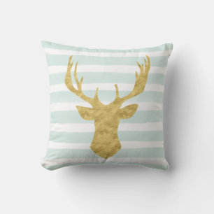 Chic Mint Watercolor Stripes Gold Deer Head Cushion