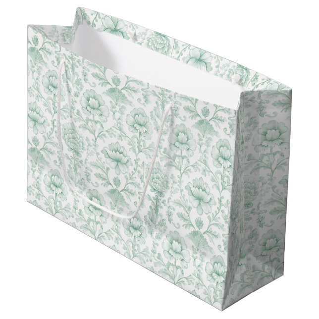 Chic Mint White Floral Wedding Large Gift Bag (Front Angled)