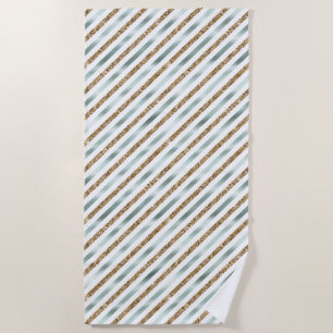 Chic Mint White Gold Glitter Stripes   Beach Towel