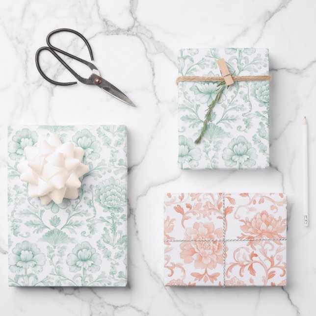 Chic Mint White Peach Floral Wedding Wrapping Paper Sheet (Front)