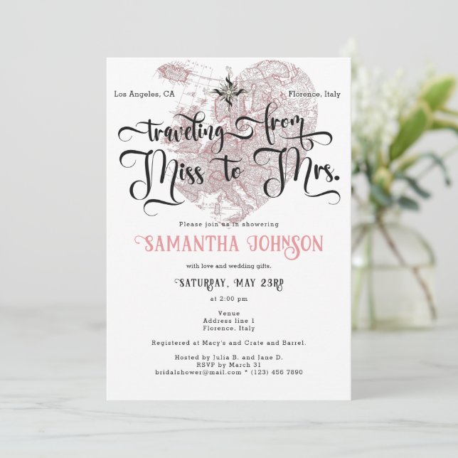 Chic Miss to Mrs ♥ Heart Map Travel Bridal Shower Invitation (Standing Front)
