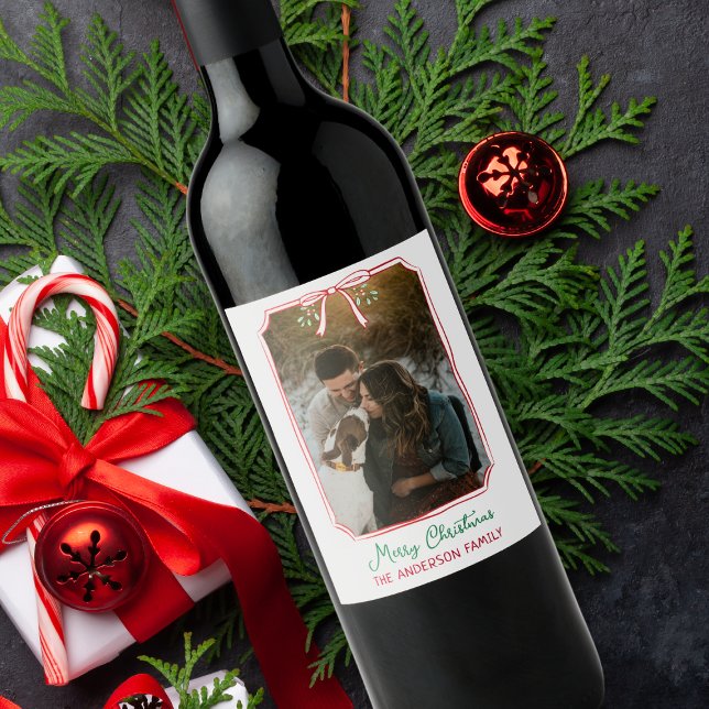 Chic Mistletoe & Bow Custom Family Photo Christmas Wine Label (Creator Uploaded)