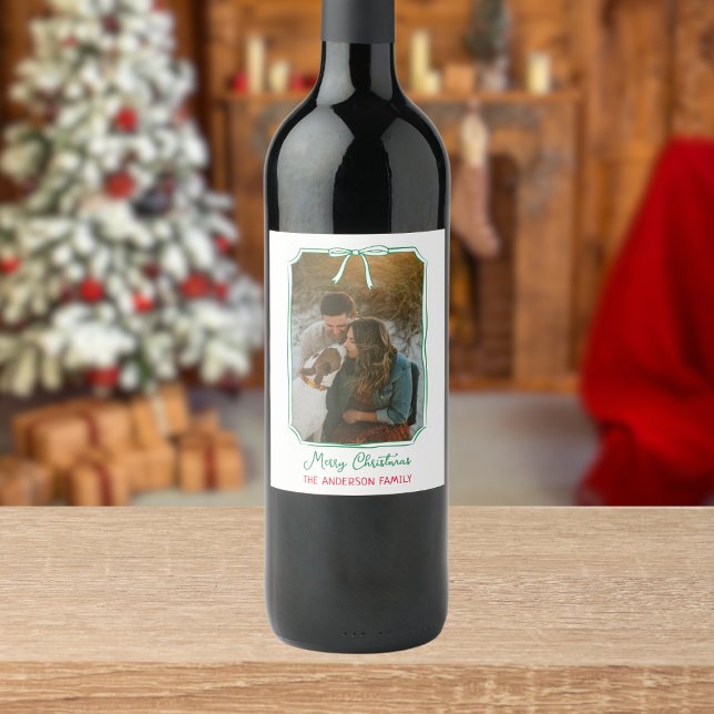 Chic Mistletoe & Bow Custom Family Photo Christmas Wine Label (Creator Uploaded)