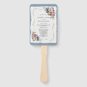 Chic Misty Rose Dusty Blue Floral Wedding Program Hand Fan