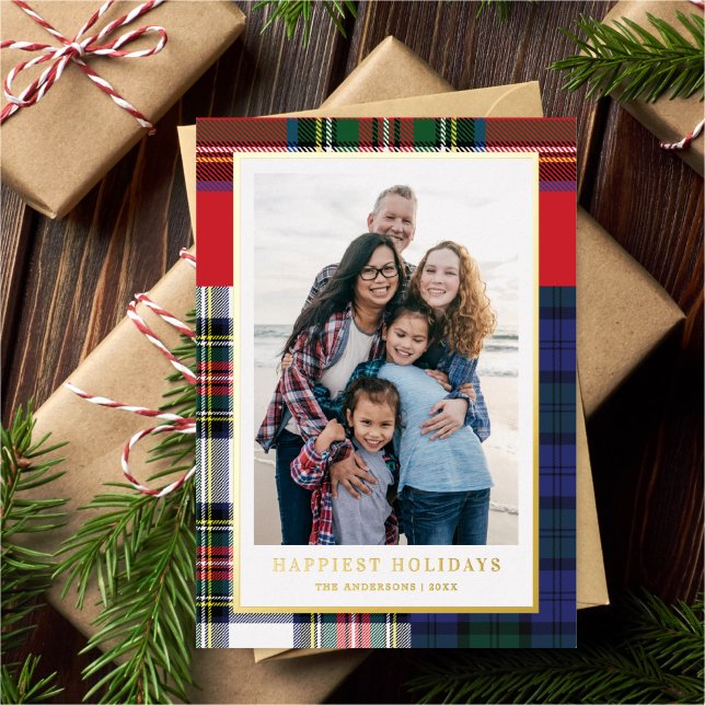 Chic Mixed Tartan + Gold Christmas Photo Foil Holiday Card (Creator Uploaded)