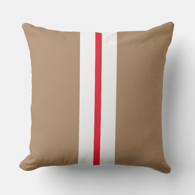 Chic Mocha Brown Bright Red White Racing Stripes Cushion (Front)