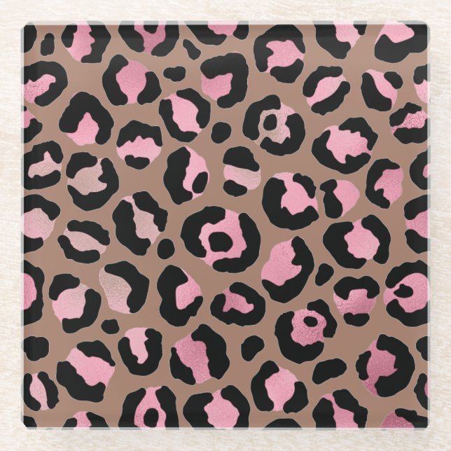 Chic mocha mousse, pink and black Leopard Print Glass Coaster (Front)