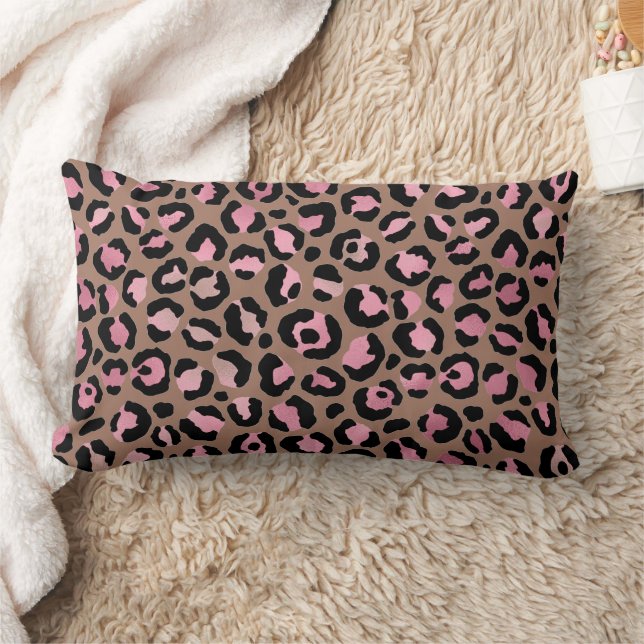 Chic mocha mousse, pink and black Leopard Print Lumbar Cushion (Blanket)
