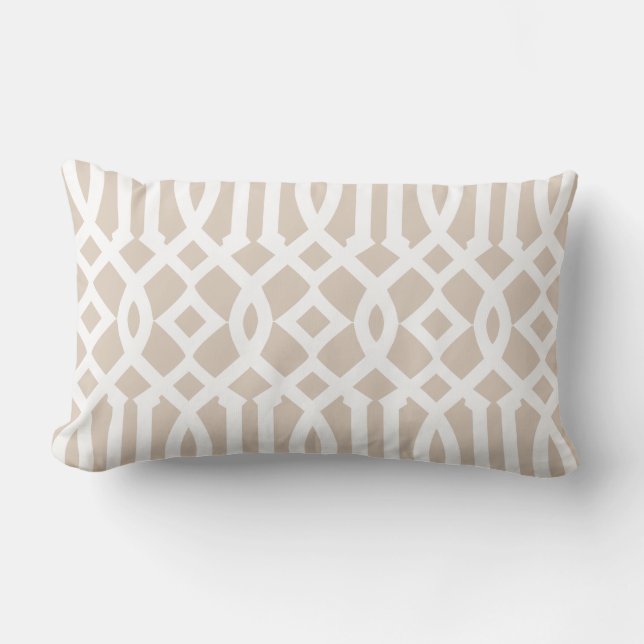 Chic Modern Beige and White Trellis Pattern Lumbar Cushion (Front)