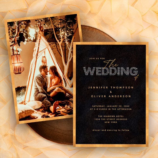 Chic Modern Black and Gold Luxurious Photo Wedding Invitation (Front / Back)