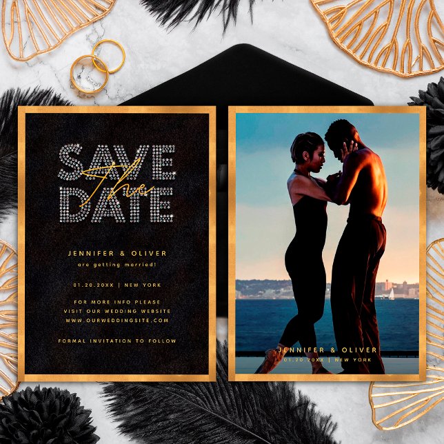 Chic Modern Black and Gold Luxurious Photo Wedding Save The Date (Front / Back)