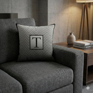 Chic Modern Black and Grey Chevron Monogram Cushion