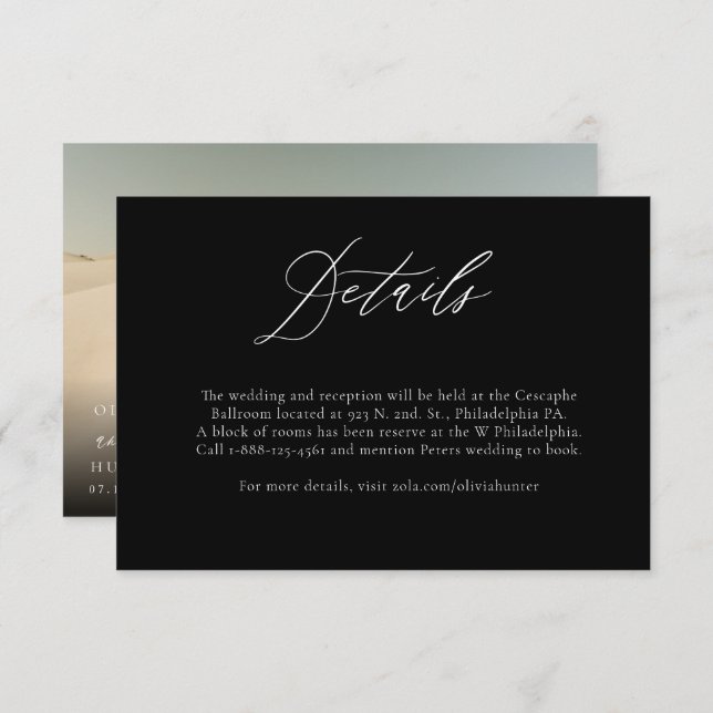 Chic Modern Black and White Calligraphy Details  Enclosure Card (Front/Back)